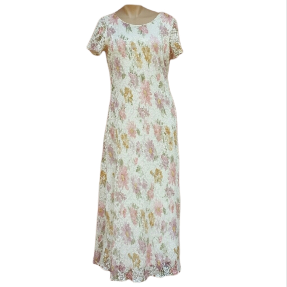 Dress Barn off-white Pink Gold lavender green lace overlay 90s style dress